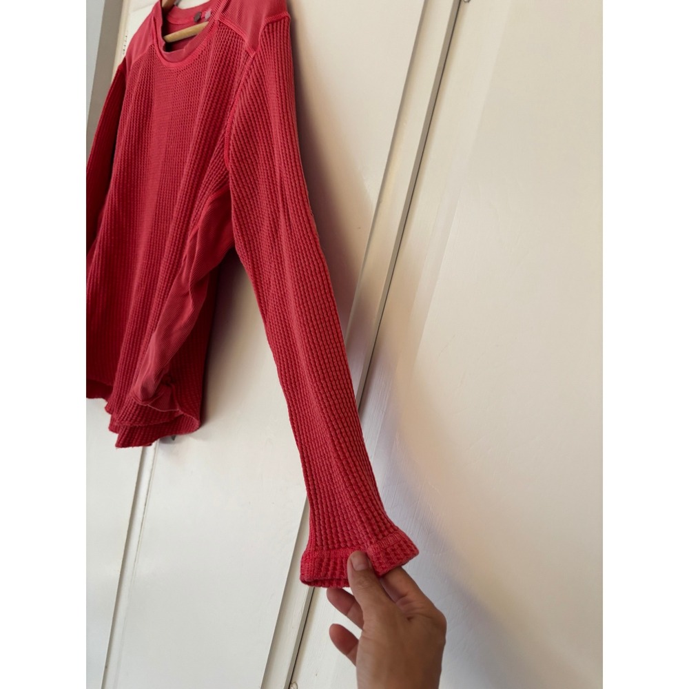 Free People FP One Rich Red Waffle Knit Thermal Mixed Media Top Long Sleeve XL - Picture 3 of 11